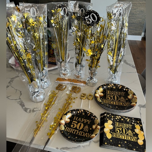 50th Birthday Party Decor Centerpieces Plates Dishes Napkins in Black and Gold ✨ - Picture 7 of 7